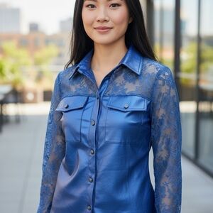 SHEIN Blue Lace Sleeve Button Down Shirt